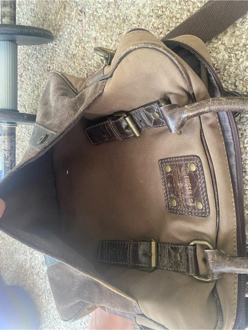 Fossil '54 canvas and suede leather messenger/briefcase with dual top handles